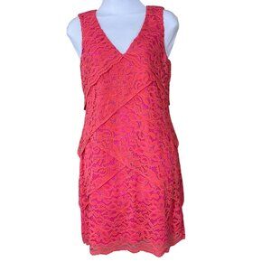Laundry by Shelli Segal Sleeveless Lined Coral Asymmetric Floral Lace Dress 2